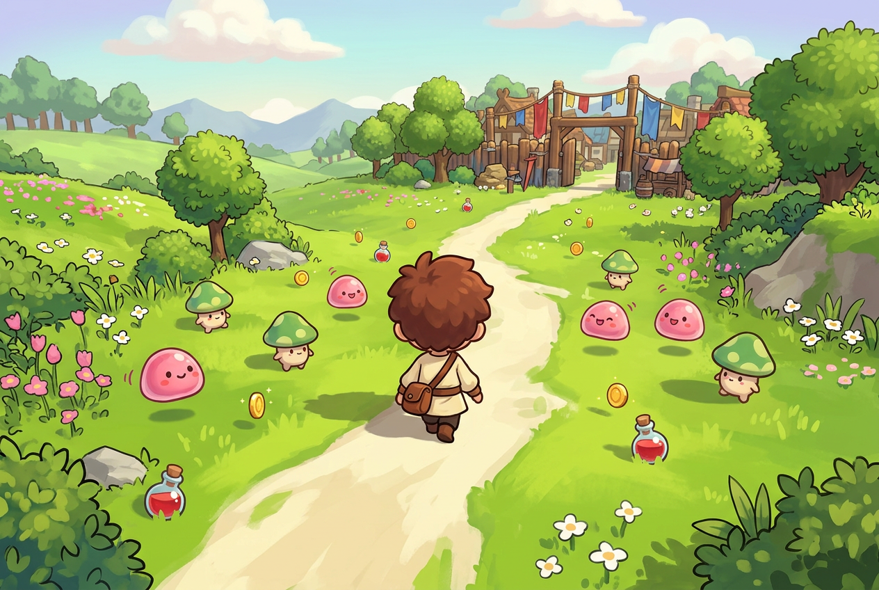 A young novice walking up a dirt path toward a wooden town gate, with pink jellies and mushroom critters in the meadow